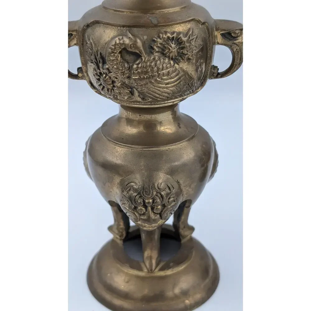 Ornate Oriental Brass Candle Holders Set of 3 - Flowers Birds Fu Dogs